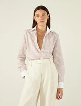 With Nothing Underneath The Boyfriend Contrast Fine Poplin- Latte Stripe