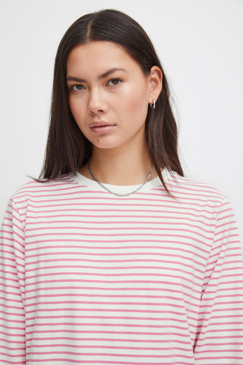 Ichi Mira LS2 T-shirt - Cloud Dancer/Pink Stripe