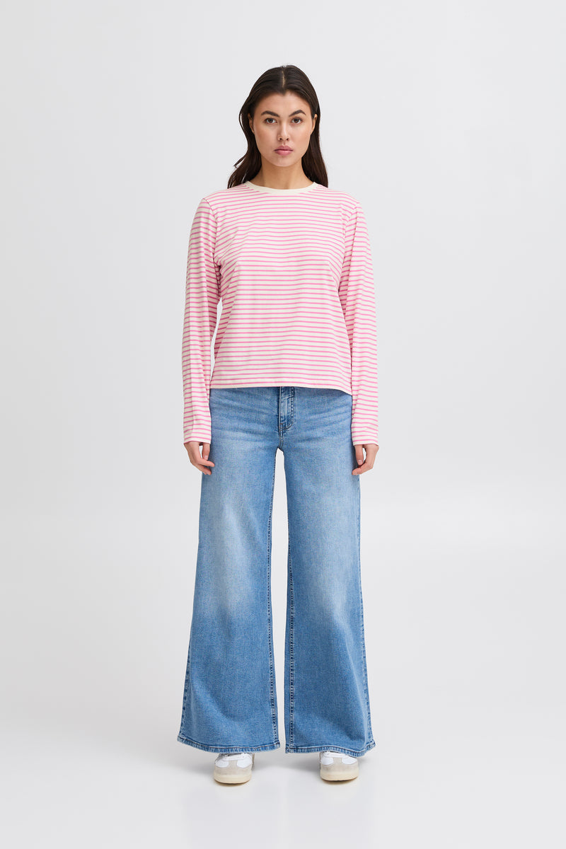 Ichi Mira LS2 T-shirt - Cloud Dancer/Pink Stripe