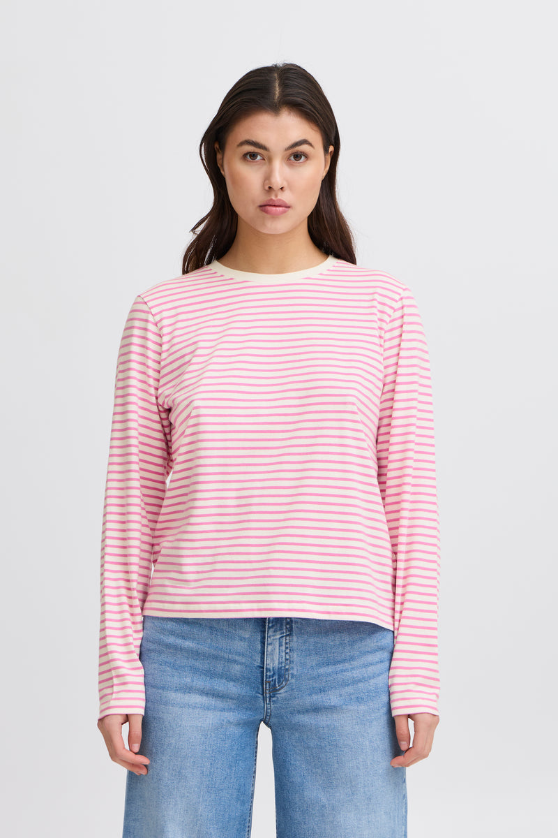 Ichi Mira LS2 T-shirt - Cloud Dancer/Pink Stripe