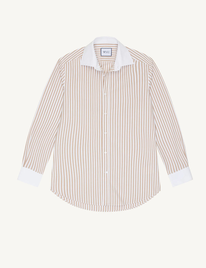 With Nothing Underneath The Boyfriend Contrast Fine Poplin- Latte Stripe