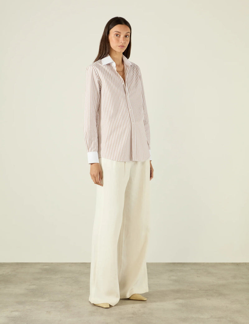 With Nothing Underneath The Boyfriend Contrast Fine Poplin- Latte Stripe