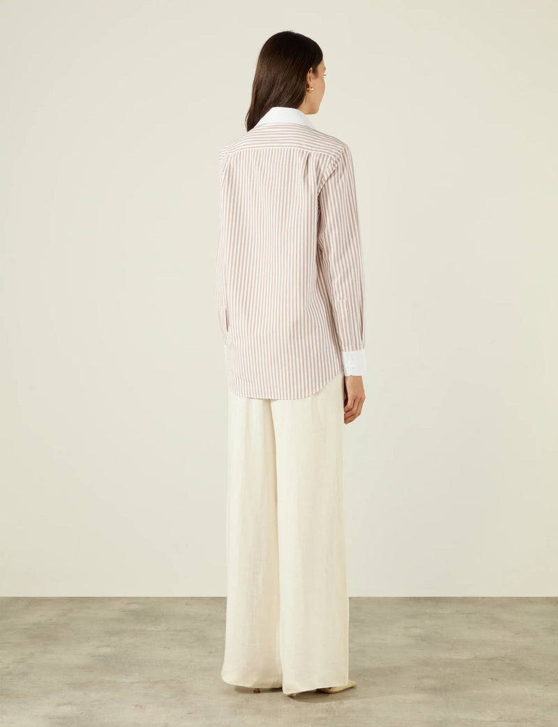 With Nothing Underneath The Boyfriend Contrast Fine Poplin- Latte Stripe